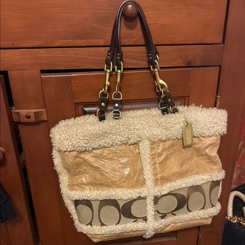 Coach Tan and Cream Tote with Sherpa Trim